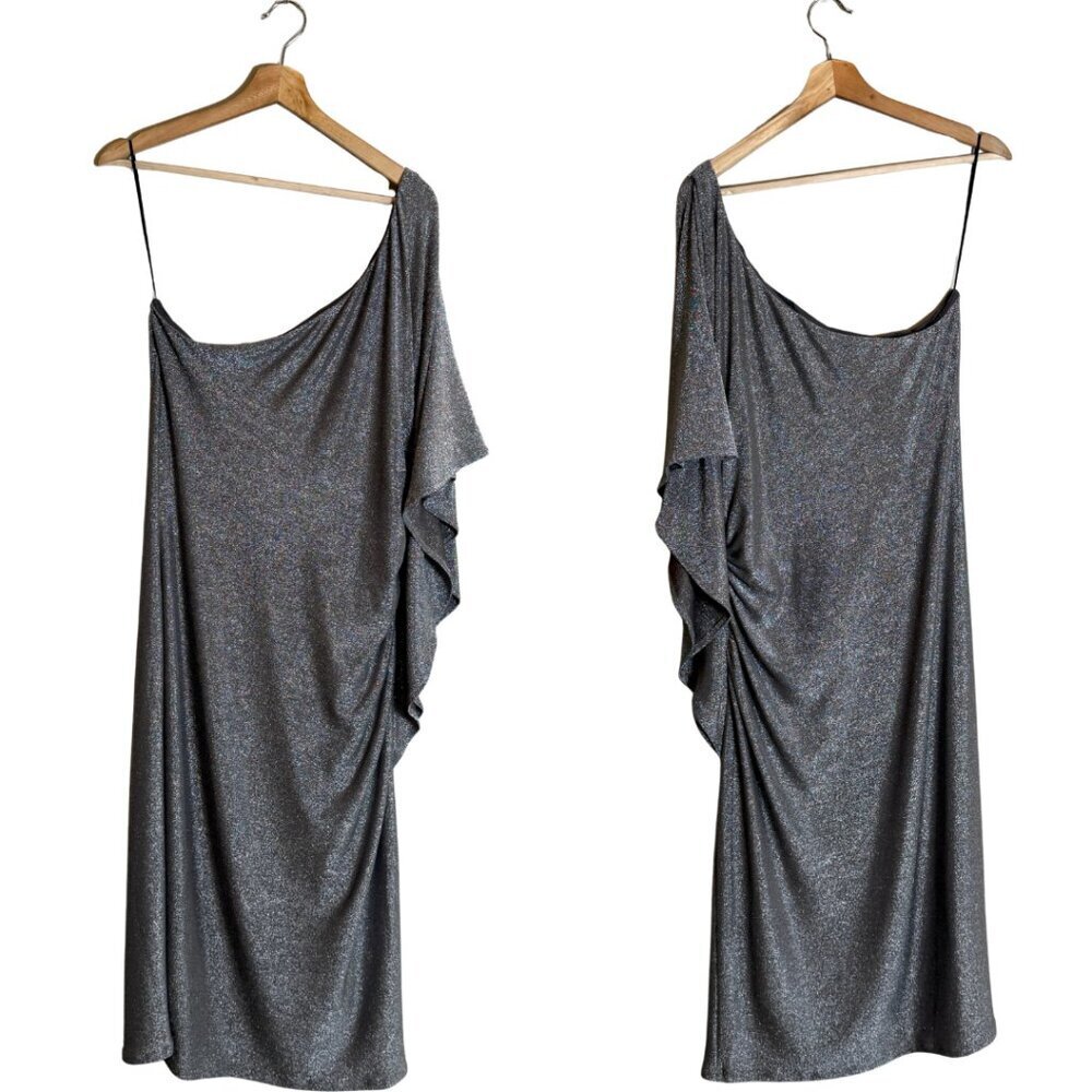 Trina Turk Ratio Ruched One-Shoulder Shimmer Mini Dress Women's XL Silver NWT - Picture 3 of 16